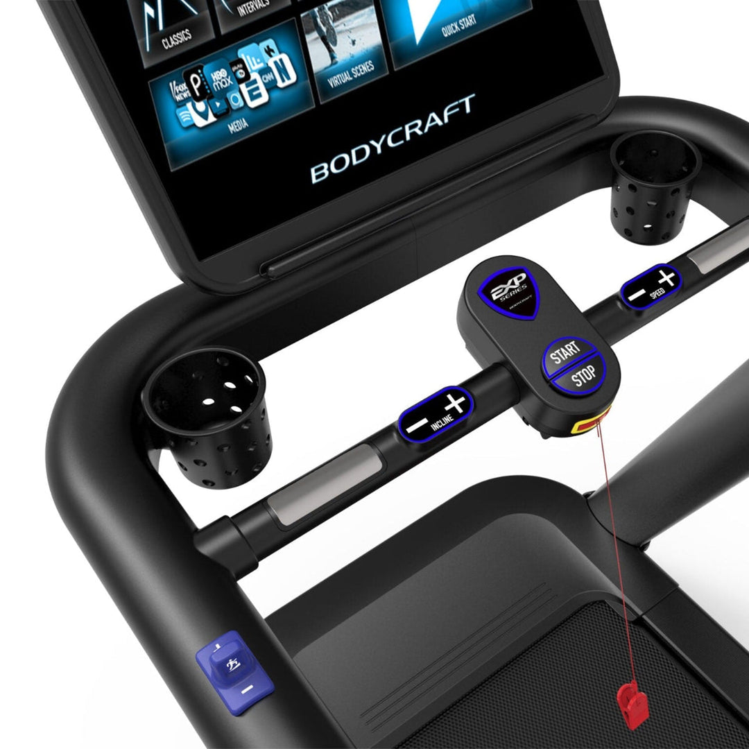 BodyCraft treadmill with control panel and display on a white background