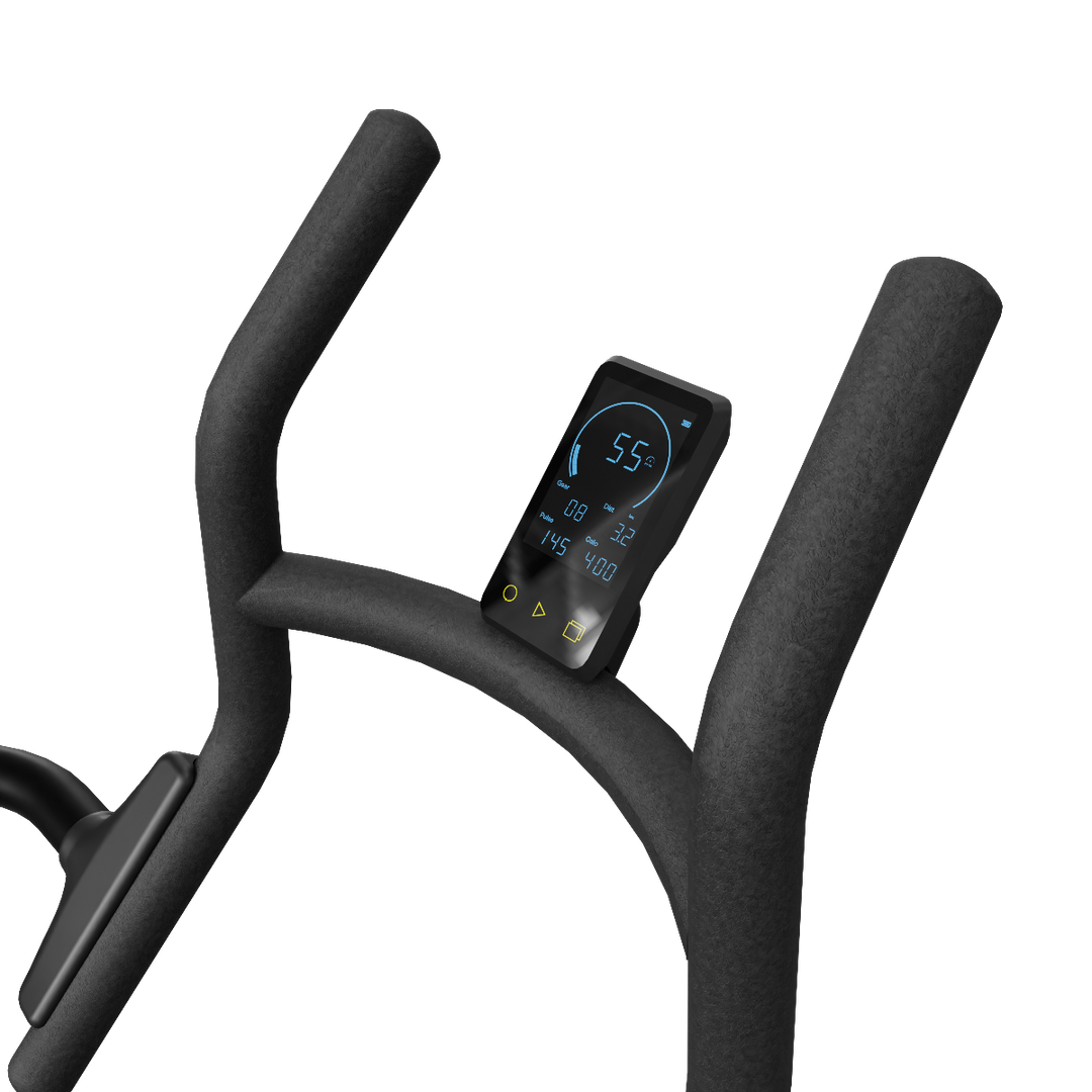 Close-up of a black exercise bike handlebar with a digital display on a white background