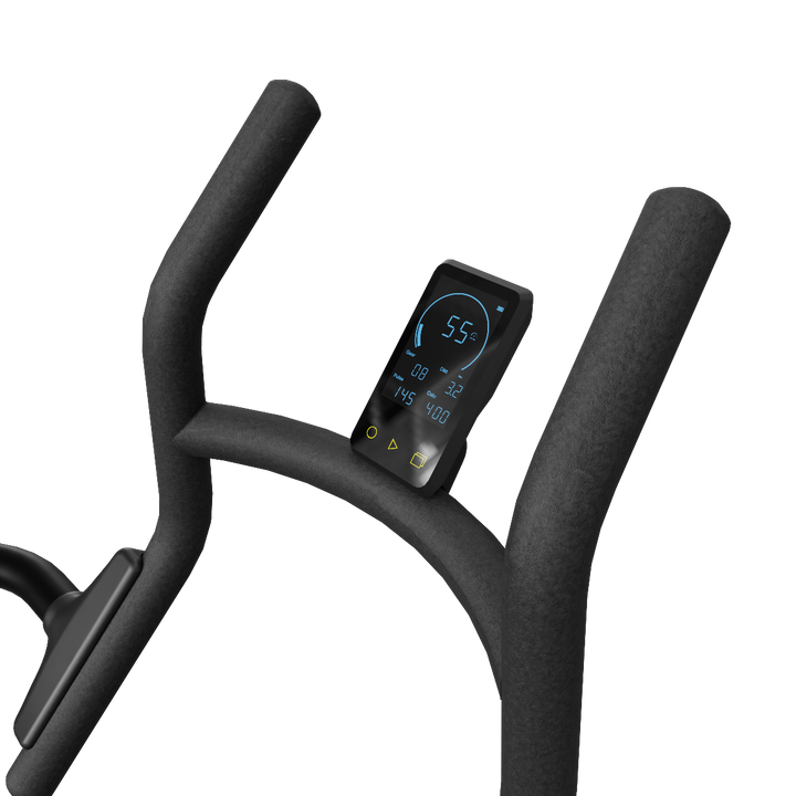 Close-up of a black exercise bike handlebar with a digital display on a white background