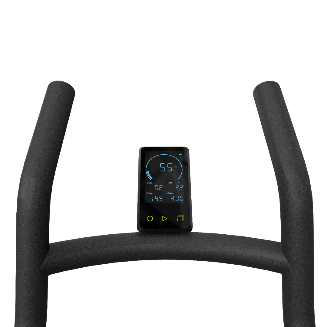 Digital display on a black exercise treadmill handlebar with a white background