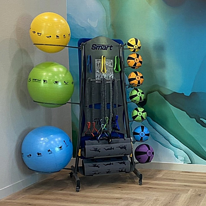 Gym equipment including colorful balls and a storage unit labeled 'Smart' against a wall with a mountain mural.