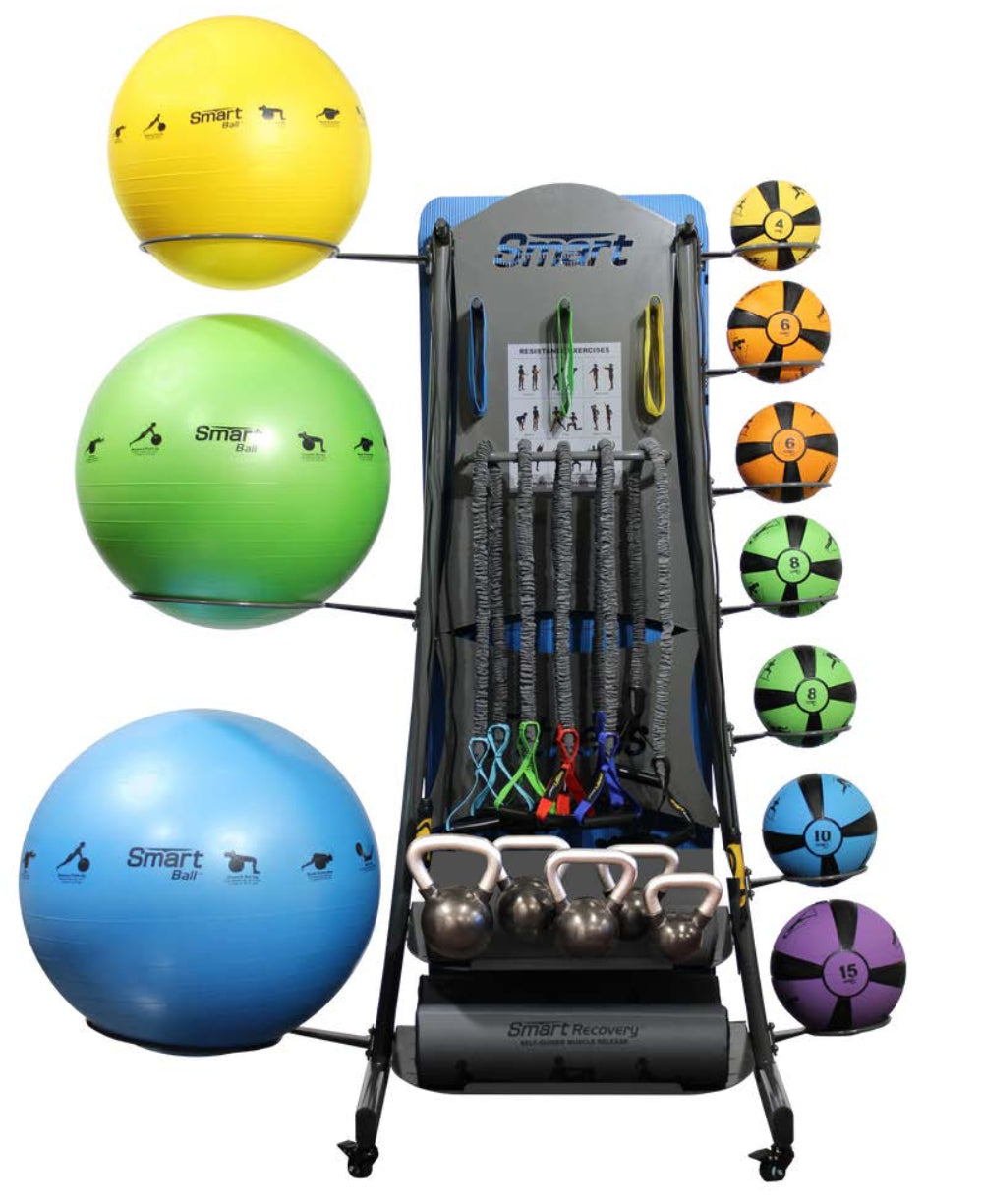 Assorted sports balls and training equipment on a white background
