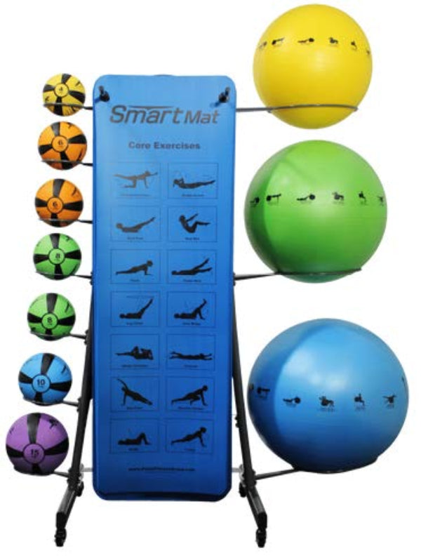 SmartMat with exercise illustrations and colorful medicine balls on a stand.