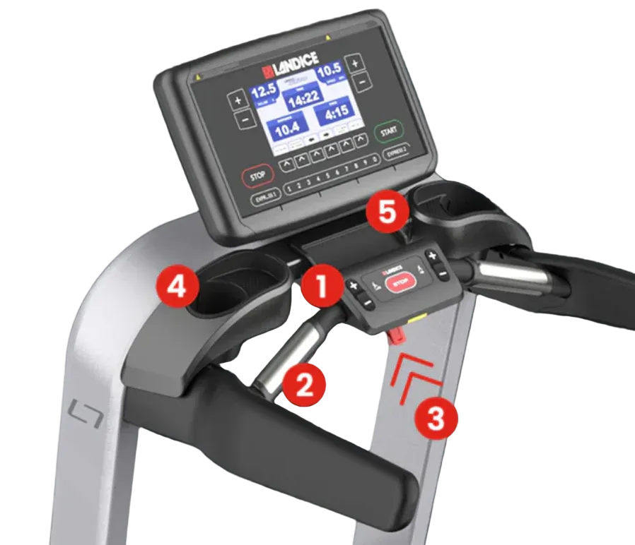 Close-up of a treadmill control panel with digital display and buttons, labeled with numbers.
