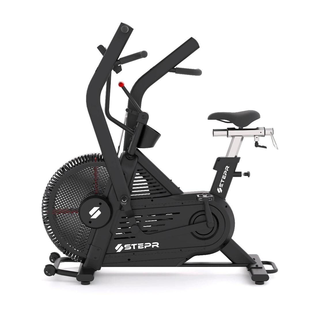 Black exercise bike with 'Stepr' branding on a white background