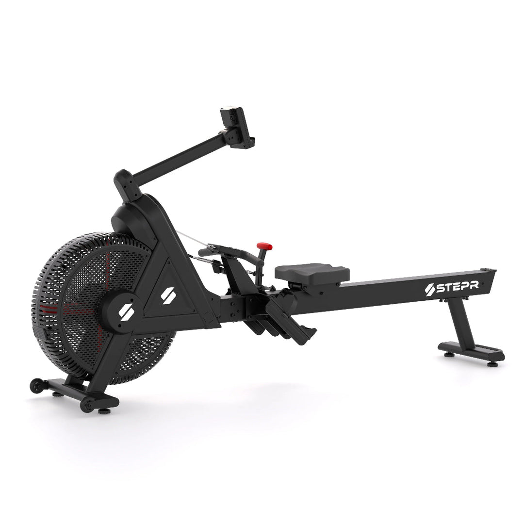 Black rowing machine with 'Stepr' branding on a white background