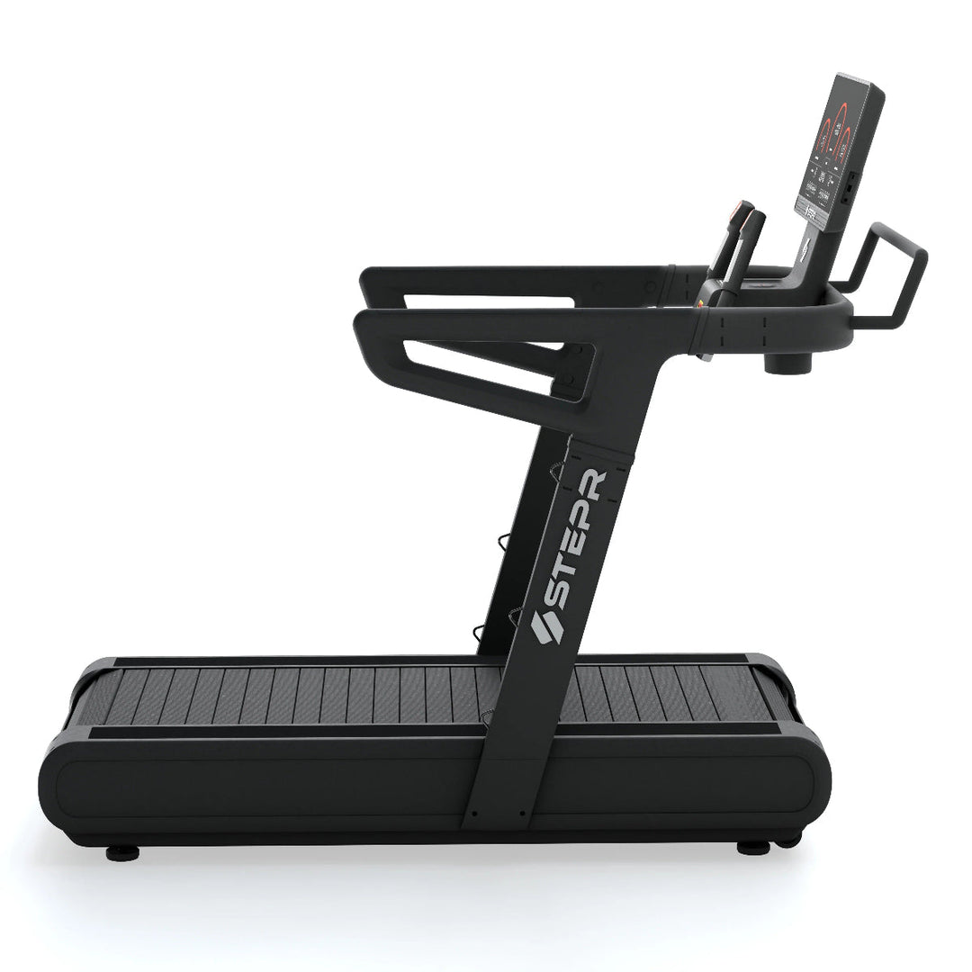 Black treadmill with digital display on a white background