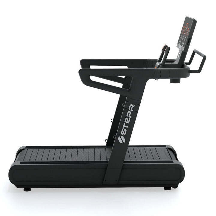 Black treadmill with digital display on a white background