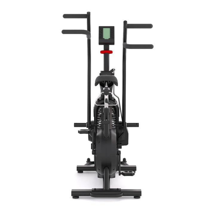Black exercise bike with digital display on a white background