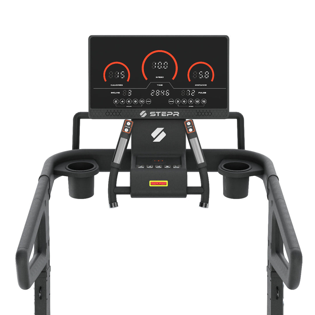 Step machine with digital display and 'Stepr' branding on a white background