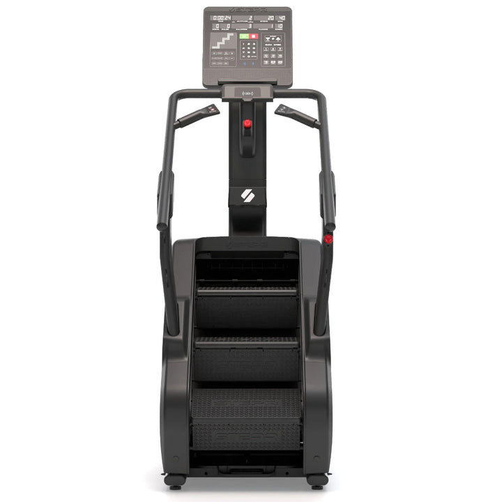 Stepmill exercise machine with digital display on a white background