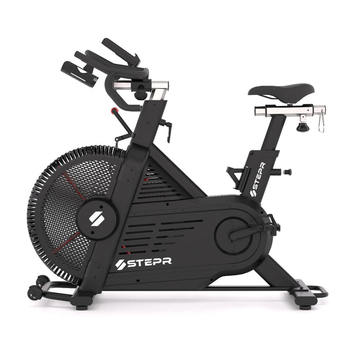 Black exercise bike with 'Stepr' branding on a white background