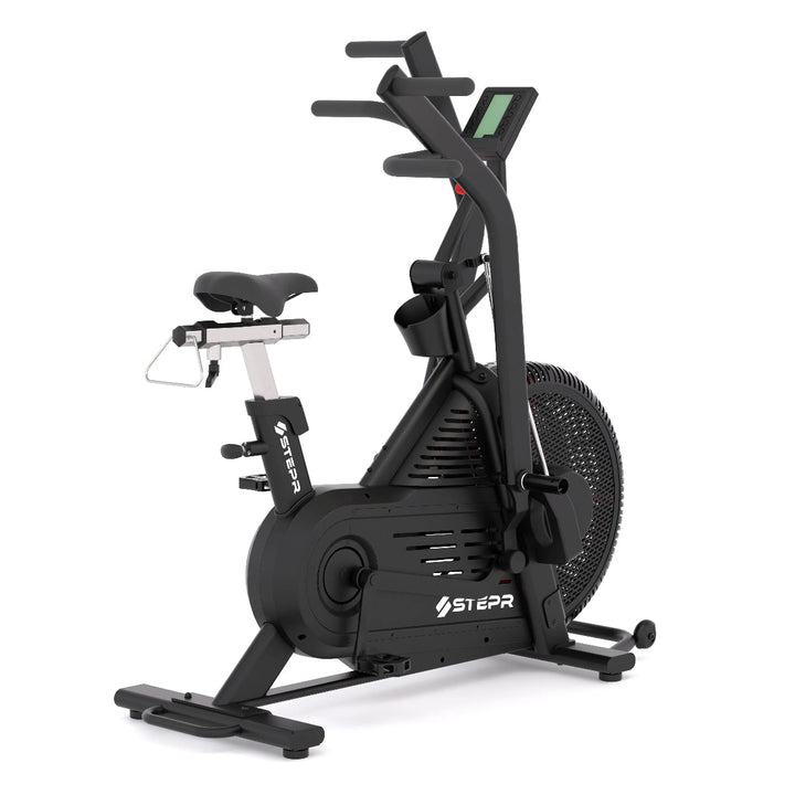 Black exercise bike with digital display on a white background