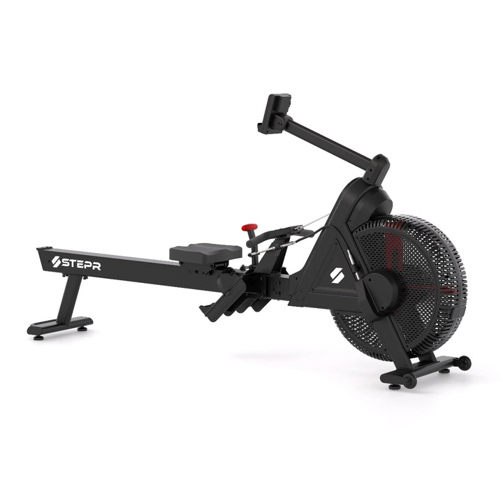 Black rowing machine with 'STEPr' branding on a white background