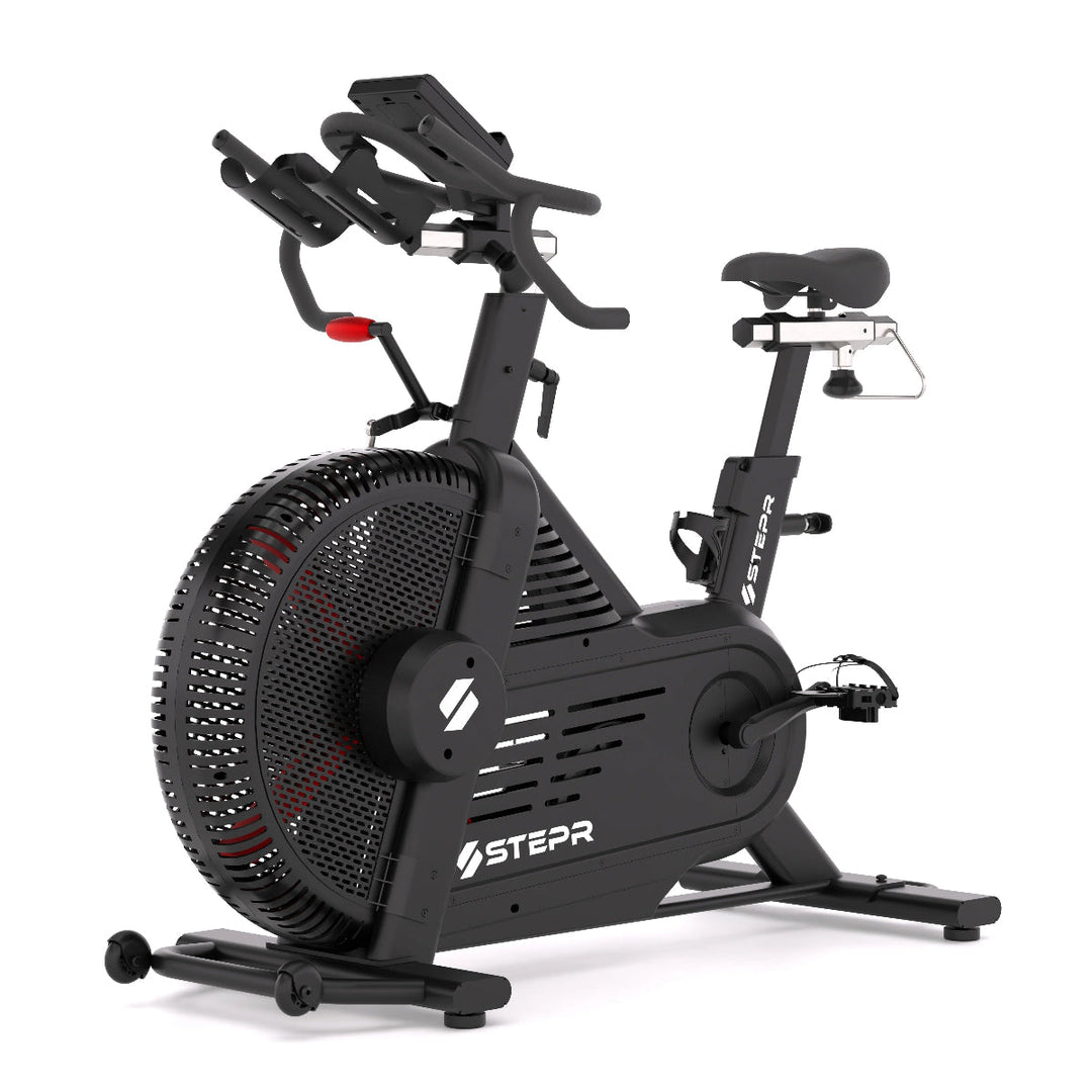 Black exercise bike with fan on a white background