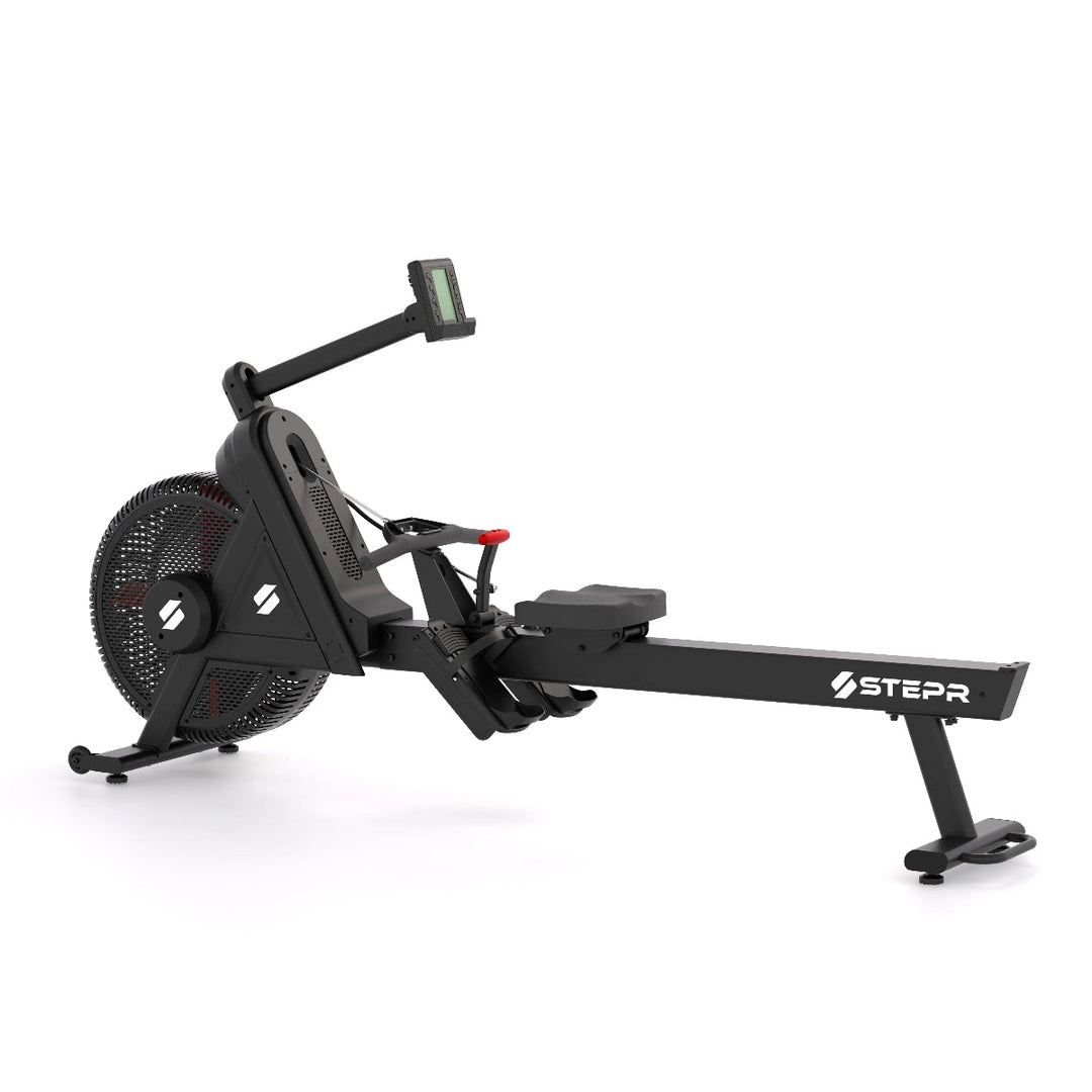 Black rowing machine with 'STEPR' branding on a white background