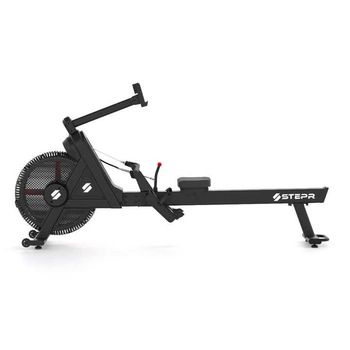 Black rowing machine with 'Stepr' branding on a white background