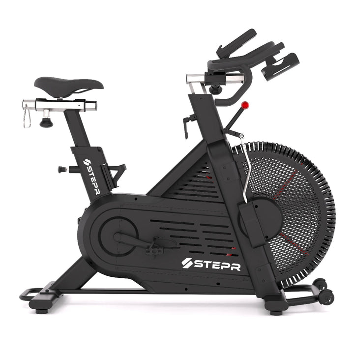 Black exercise bike with visible branding on a white background