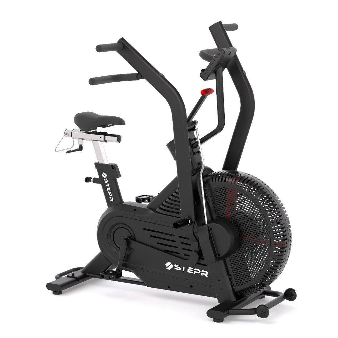 Black exercise bike with fan on a white background