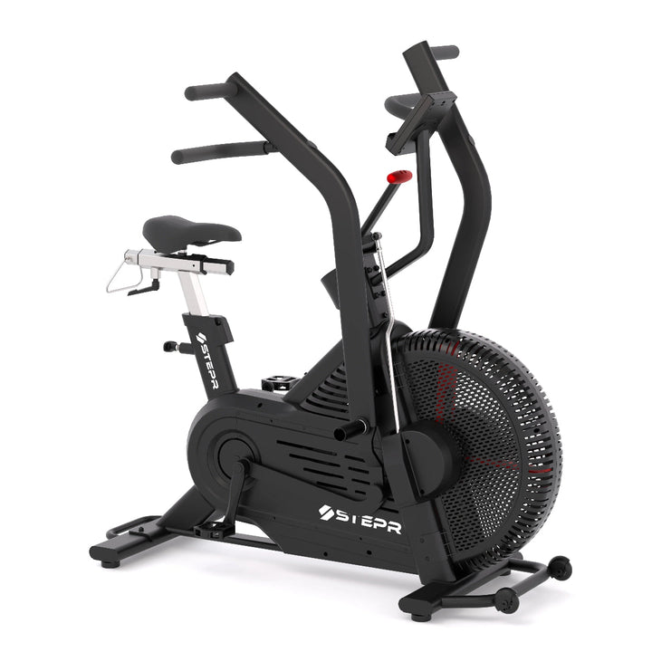 Black exercise bike with fan on a white background