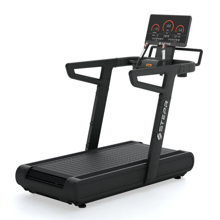 Black treadmill with digital display on a white background