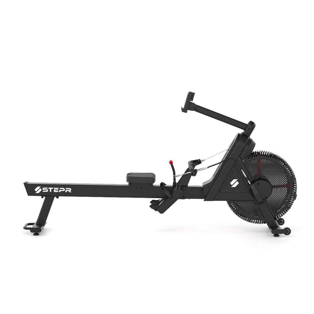 Black rowing machine with 'Stepr' branding on a white background