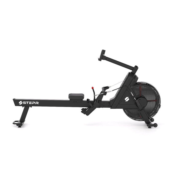 Black rowing machine with 'Stepr' branding on a white background