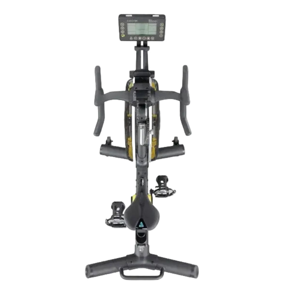 Stationary bike with digital display on a white background