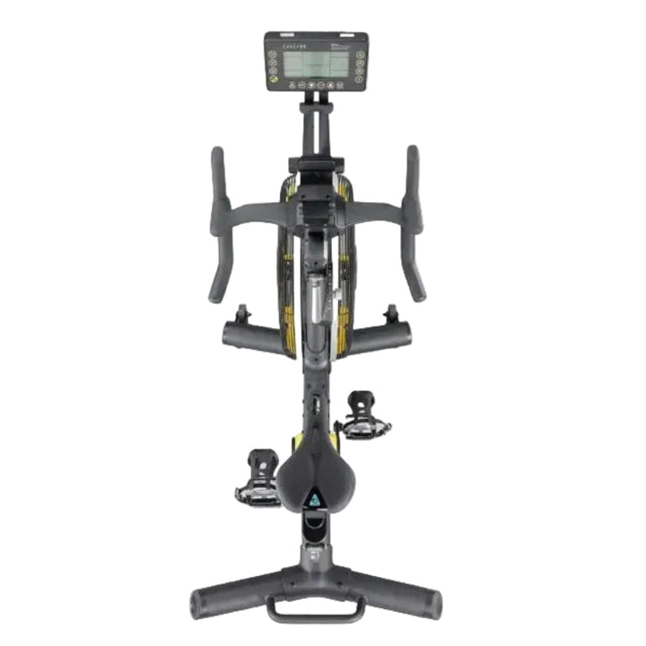 Stationary bike with digital display on a white background