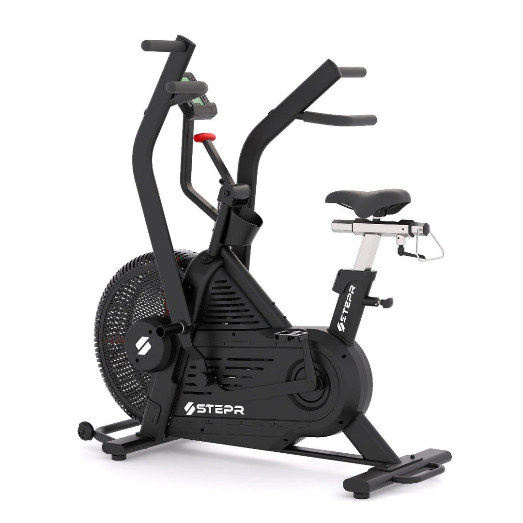 Black exercise bike with 'Stepr' branding on a white background