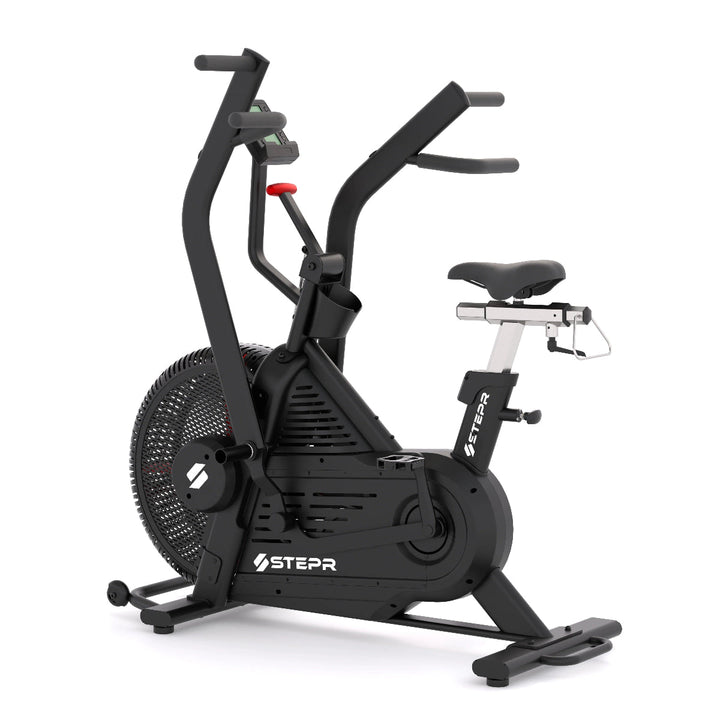 Black exercise bike with 'Stepr' branding on a white background