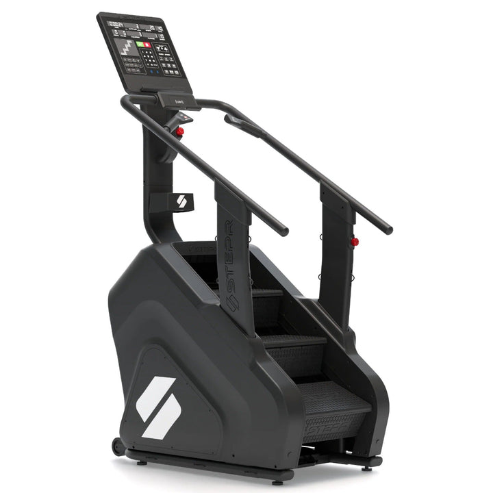 Black stair stepper machine with digital display on a white background