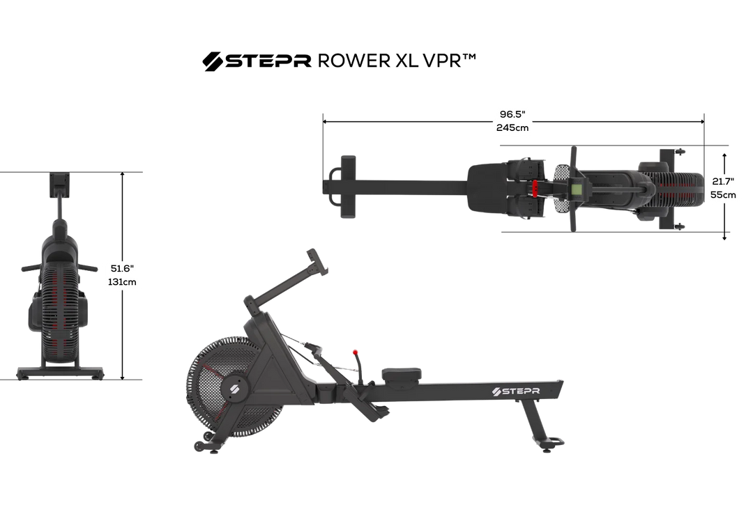 Technical drawing of a Stepr Rower XL VPR with dimensions on a white background