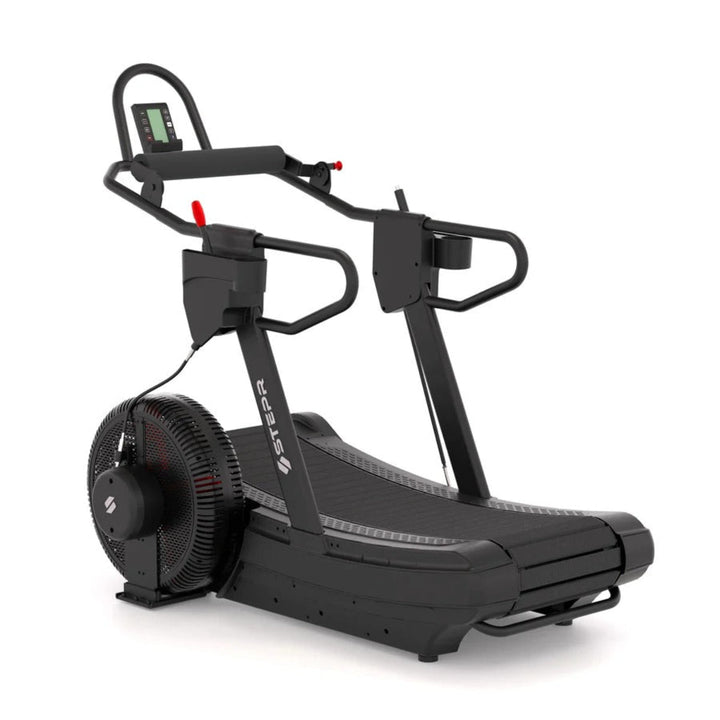 Black treadmill with visible brand logo on a white background
